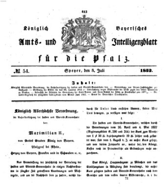 Königlich bayerisches Amts- und Intelligenzblatt für die Pfalz Donnerstag 8. Juli 1852