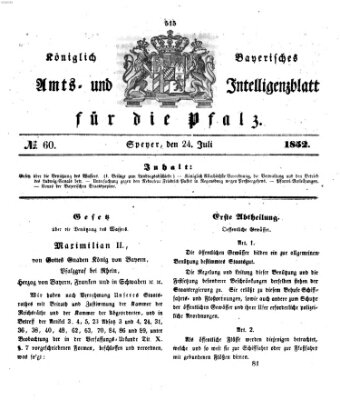 Königlich bayerisches Amts- und Intelligenzblatt für die Pfalz Samstag 24. Juli 1852