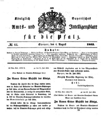 Königlich bayerisches Amts- und Intelligenzblatt für die Pfalz Mittwoch 4. August 1852