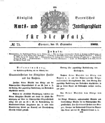 Königlich bayerisches Amts- und Intelligenzblatt für die Pfalz Samstag 18. September 1852