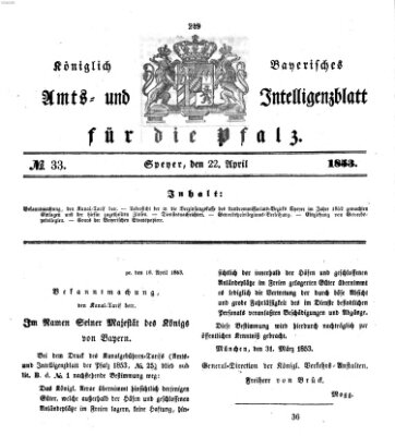 Königlich bayerisches Amts- und Intelligenzblatt für die Pfalz Freitag 22. April 1853