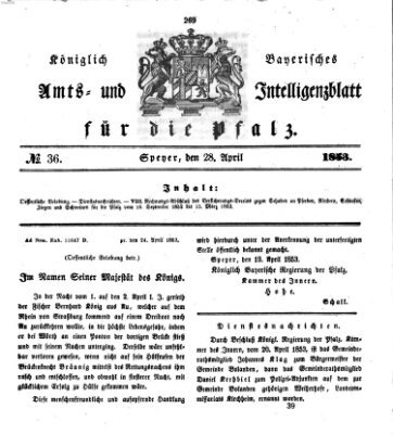 Königlich bayerisches Amts- und Intelligenzblatt für die Pfalz Donnerstag 28. April 1853