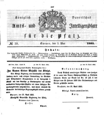 Königlich bayerisches Amts- und Intelligenzblatt für die Pfalz Dienstag 3. Mai 1853