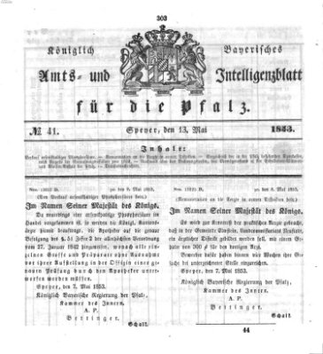 Königlich bayerisches Amts- und Intelligenzblatt für die Pfalz Freitag 13. Mai 1853