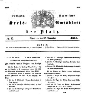 Königlich-bayerisches Kreis-Amtsblatt der Pfalz (Königlich bayerisches Amts- und Intelligenzblatt für die Pfalz) Samstag 27. November 1858