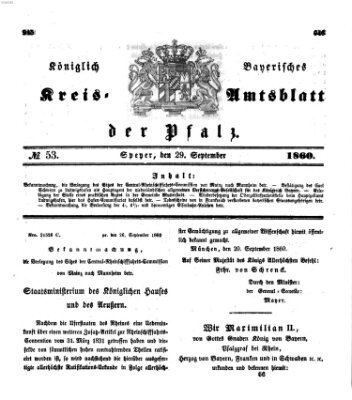 Königlich-bayerisches Kreis-Amtsblatt der Pfalz (Königlich bayerisches Amts- und Intelligenzblatt für die Pfalz) Samstag 29. September 1860