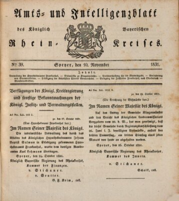 Amts- und Intelligenzblatt des Königlich Bayerischen Rheinkreises (Königlich bayerisches Amts- und Intelligenzblatt für die Pfalz) Donnerstag 10. November 1831