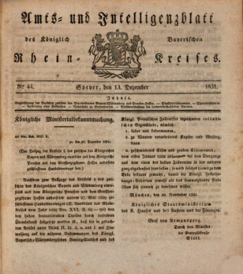 Amts- und Intelligenzblatt des Königlich Bayerischen Rheinkreises (Königlich bayerisches Amts- und Intelligenzblatt für die Pfalz) Dienstag 13. Dezember 1831