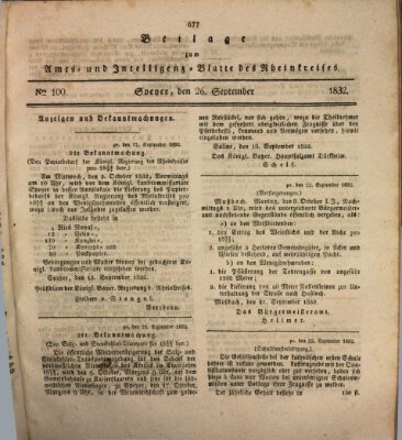 Amts- und Intelligenzblatt des Königlich Bayerischen Rheinkreises (Königlich bayerisches Amts- und Intelligenzblatt für die Pfalz) Mittwoch 26. September 1832