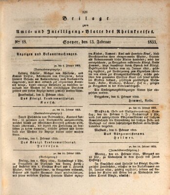 Amts- und Intelligenzblatt des Königlich Bayerischen Rheinkreises (Königlich bayerisches Amts- und Intelligenzblatt für die Pfalz) Mittwoch 13. Februar 1833