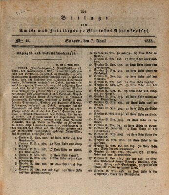 Amts- und Intelligenzblatt des Königlich Bayerischen Rheinkreises (Königlich bayerisches Amts- und Intelligenzblatt für die Pfalz) Sonntag 7. April 1833