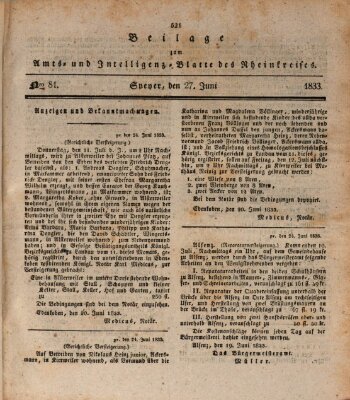 Amts- und Intelligenzblatt des Königlich Bayerischen Rheinkreises (Königlich bayerisches Amts- und Intelligenzblatt für die Pfalz) Donnerstag 27. Juni 1833