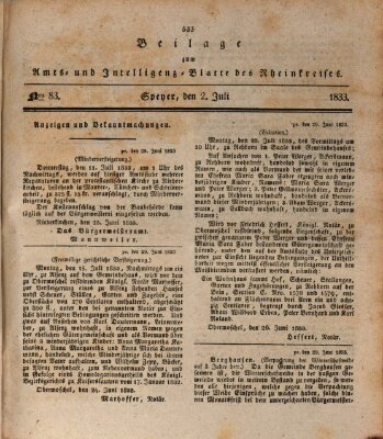 Amts- und Intelligenzblatt des Königlich Bayerischen Rheinkreises (Königlich bayerisches Amts- und Intelligenzblatt für die Pfalz) Dienstag 2. Juli 1833