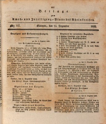 Amts- und Intelligenzblatt des Königlich Bayerischen Rheinkreises (Königlich bayerisches Amts- und Intelligenzblatt für die Pfalz) Samstag 14. Dezember 1833