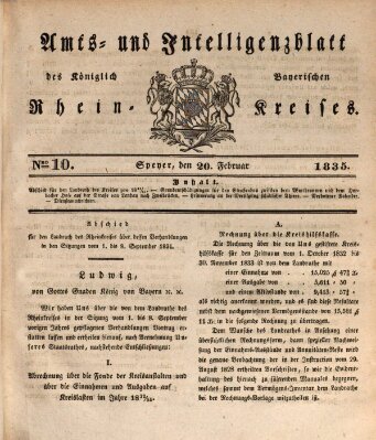 Amts- und Intelligenzblatt des Königlich Bayerischen Rheinkreises (Königlich bayerisches Amts- und Intelligenzblatt für die Pfalz) Freitag 20. Februar 1835