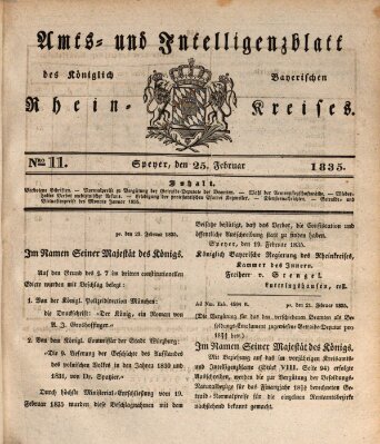 Amts- und Intelligenzblatt des Königlich Bayerischen Rheinkreises (Königlich bayerisches Amts- und Intelligenzblatt für die Pfalz) Mittwoch 25. Februar 1835