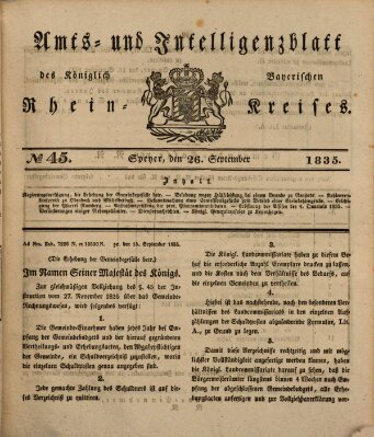 Amts- und Intelligenzblatt des Königlich Bayerischen Rheinkreises (Königlich bayerisches Amts- und Intelligenzblatt für die Pfalz) Samstag 26. September 1835