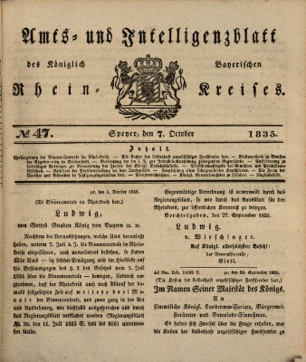 Amts- und Intelligenzblatt des Königlich Bayerischen Rheinkreises (Königlich bayerisches Amts- und Intelligenzblatt für die Pfalz) Mittwoch 7. Oktober 1835