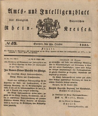 Amts- und Intelligenzblatt des Königlich Bayerischen Rheinkreises (Königlich bayerisches Amts- und Intelligenzblatt für die Pfalz) Donnerstag 29. Oktober 1835