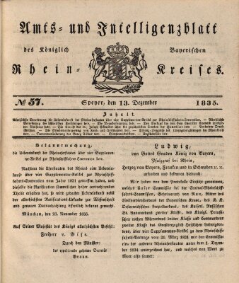 Amts- und Intelligenzblatt des Königlich Bayerischen Rheinkreises (Königlich bayerisches Amts- und Intelligenzblatt für die Pfalz) Sonntag 13. Dezember 1835