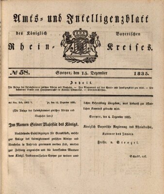 Amts- und Intelligenzblatt des Königlich Bayerischen Rheinkreises (Königlich bayerisches Amts- und Intelligenzblatt für die Pfalz) Dienstag 15. Dezember 1835