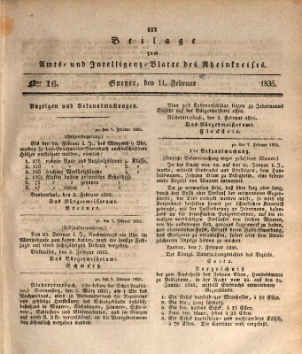 Amts- und Intelligenzblatt des Königlich Bayerischen Rheinkreises (Königlich bayerisches Amts- und Intelligenzblatt für die Pfalz) Mittwoch 11. Februar 1835