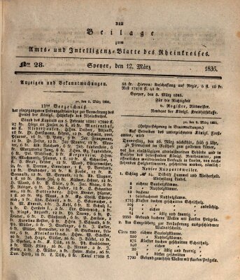 Amts- und Intelligenzblatt des Königlich Bayerischen Rheinkreises (Königlich bayerisches Amts- und Intelligenzblatt für die Pfalz) Donnerstag 12. März 1835