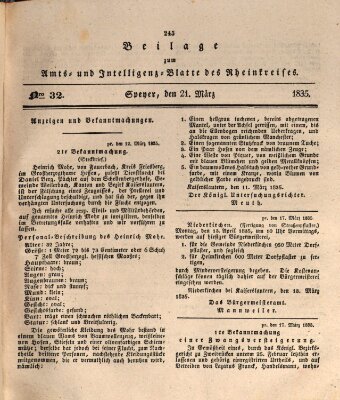 Amts- und Intelligenzblatt des Königlich Bayerischen Rheinkreises (Königlich bayerisches Amts- und Intelligenzblatt für die Pfalz) Samstag 21. März 1835