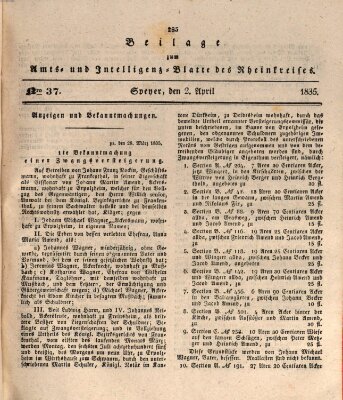 Amts- und Intelligenzblatt des Königlich Bayerischen Rheinkreises (Königlich bayerisches Amts- und Intelligenzblatt für die Pfalz) Donnerstag 2. April 1835