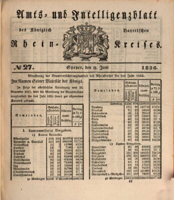 Amts- und Intelligenzblatt des Königlich Bayerischen Rheinkreises (Königlich bayerisches Amts- und Intelligenzblatt für die Pfalz) Donnerstag 9. Juni 1836