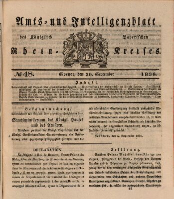 Amts- und Intelligenzblatt des Königlich Bayerischen Rheinkreises (Königlich bayerisches Amts- und Intelligenzblatt für die Pfalz) Freitag 30. September 1836