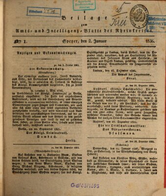 Amts- und Intelligenzblatt des Königlich Bayerischen Rheinkreises (Königlich bayerisches Amts- und Intelligenzblatt für die Pfalz) Samstag 2. Januar 1836