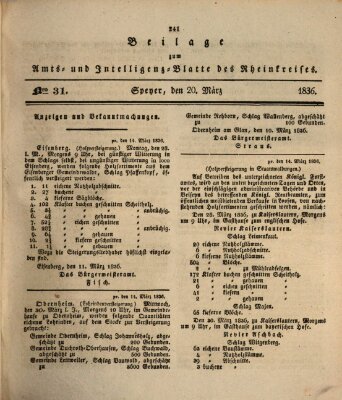 Amts- und Intelligenzblatt des Königlich Bayerischen Rheinkreises (Königlich bayerisches Amts- und Intelligenzblatt für die Pfalz) Sonntag 20. März 1836