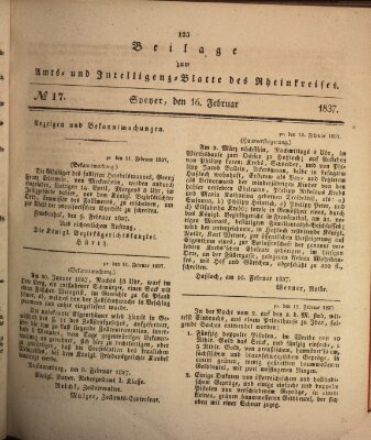 Amts- und Intelligenzblatt des Königlich Bayerischen Rheinkreises (Königlich bayerisches Amts- und Intelligenzblatt für die Pfalz) Donnerstag 16. Februar 1837