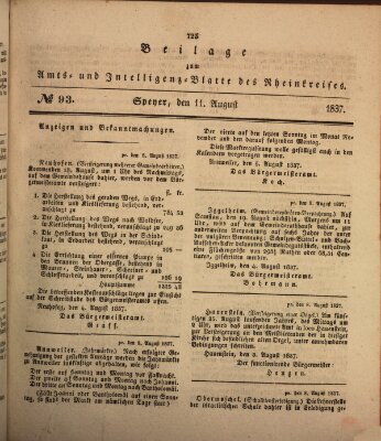 Amts- und Intelligenzblatt des Königlich Bayerischen Rheinkreises (Königlich bayerisches Amts- und Intelligenzblatt für die Pfalz) Freitag 11. August 1837