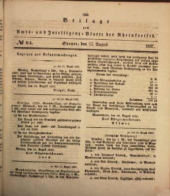 Amts- und Intelligenzblatt des Königlich Bayerischen Rheinkreises (Königlich bayerisches Amts- und Intelligenzblatt für die Pfalz) Dienstag 15. August 1837