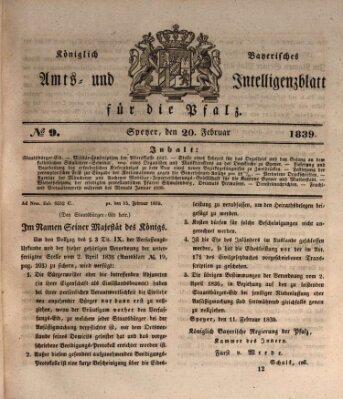 Königlich bayerisches Amts- und Intelligenzblatt für die Pfalz Mittwoch 20. Februar 1839