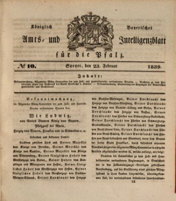 Königlich bayerisches Amts- und Intelligenzblatt für die Pfalz Samstag 23. Februar 1839