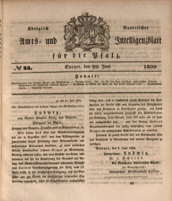 Königlich bayerisches Amts- und Intelligenzblatt für die Pfalz Samstag 29. Juni 1839