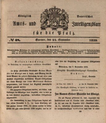 Königlich bayerisches Amts- und Intelligenzblatt für die Pfalz Samstag 21. September 1839