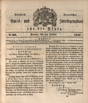 Königlich bayerisches Amts- und Intelligenzblatt für die Pfalz Montag 14. Oktober 1839