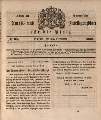 Königlich bayerisches Amts- und Intelligenzblatt für die Pfalz Mittwoch 20. November 1839