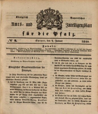 Königlich bayerisches Amts- und Intelligenzblatt für die Pfalz Dienstag 7. Januar 1840