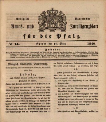 Königlich bayerisches Amts- und Intelligenzblatt für die Pfalz Montag 16. März 1840