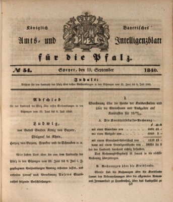 Königlich bayerisches Amts- und Intelligenzblatt für die Pfalz Samstag 19. September 1840