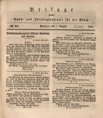 Königlich bayerisches Amts- und Intelligenzblatt für die Pfalz Samstag 1. August 1840