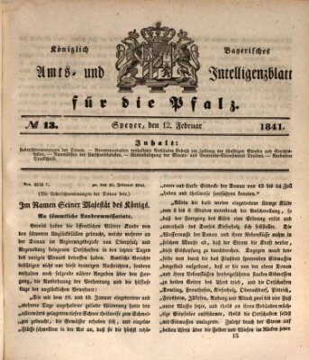 Königlich bayerisches Amts- und Intelligenzblatt für die Pfalz Freitag 12. Februar 1841