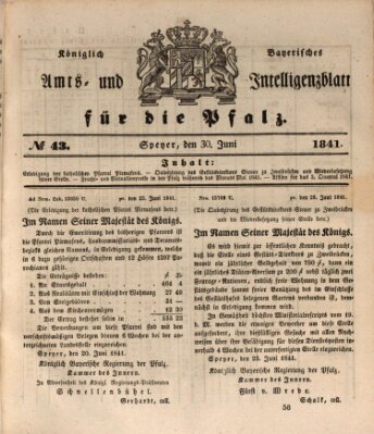 Königlich bayerisches Amts- und Intelligenzblatt für die Pfalz Mittwoch 30. Juni 1841