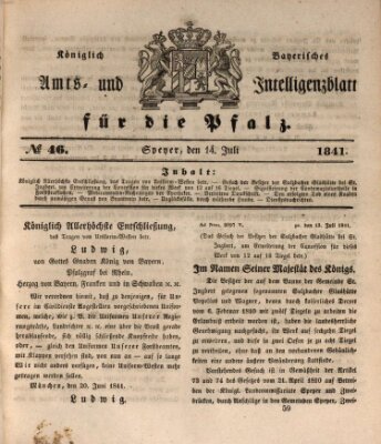 Königlich bayerisches Amts- und Intelligenzblatt für die Pfalz Mittwoch 14. Juli 1841