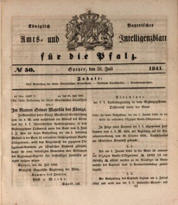 Königlich bayerisches Amts- und Intelligenzblatt für die Pfalz Donnerstag 29. Juli 1841